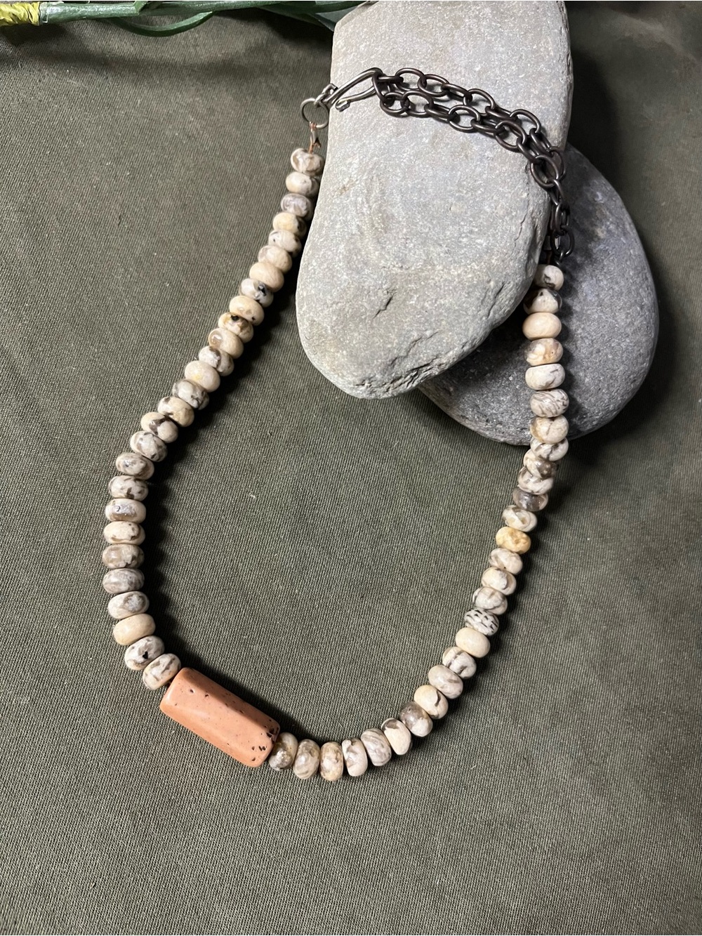 Neutral Stone Bead short Necklace with Terracotta Accent